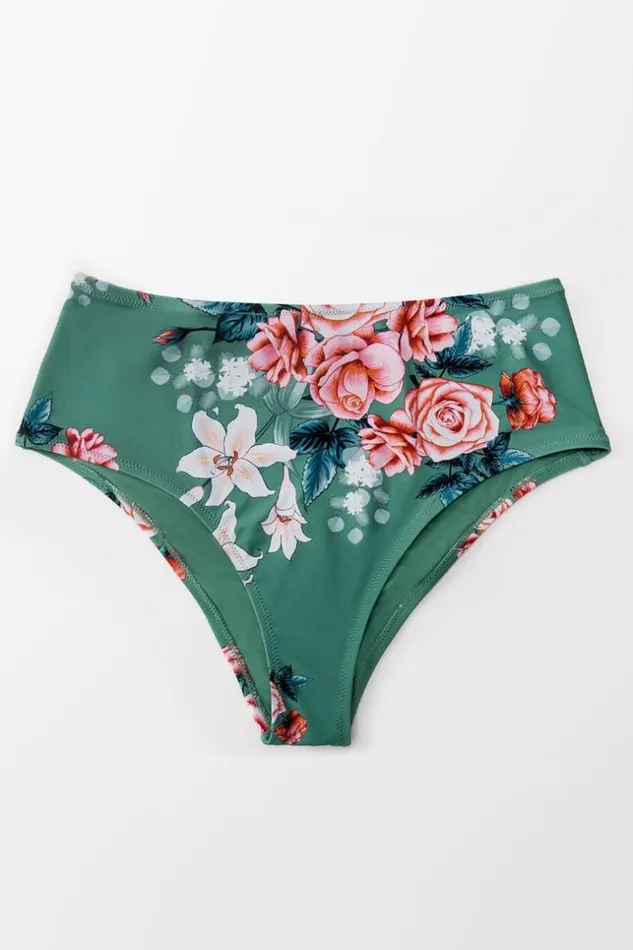 Women Plus Size and Curve Bikinis Cupshe Bree Floral High Waisted Plus Size Bikini Bottom Green
