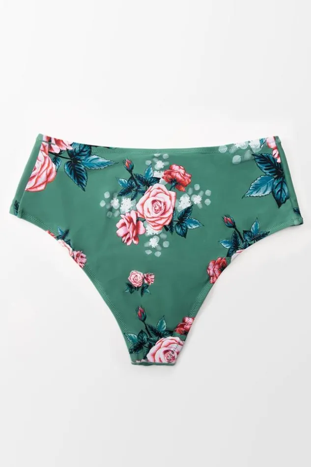 Women Plus Size and Curve Bikinis Cupshe Bree Floral High Waisted Plus Size Bikini Bottom Green