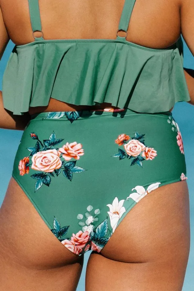 Women Plus Size and Curve Bikinis Cupshe Bree Floral High Waisted Plus Size Bikini Bottom Green