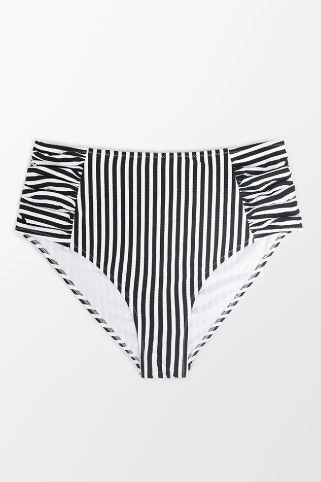 Women Plus Size and Curve Bikinis Cupshe Chaya Striped Ruched High Waist Plus Size Bikini Bottom Blackwhite