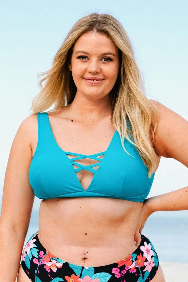 Women Plus Size and Curve Bikinis Cupshe Cynthia Plunge Back Tie Plus Size Bikini Top Teal