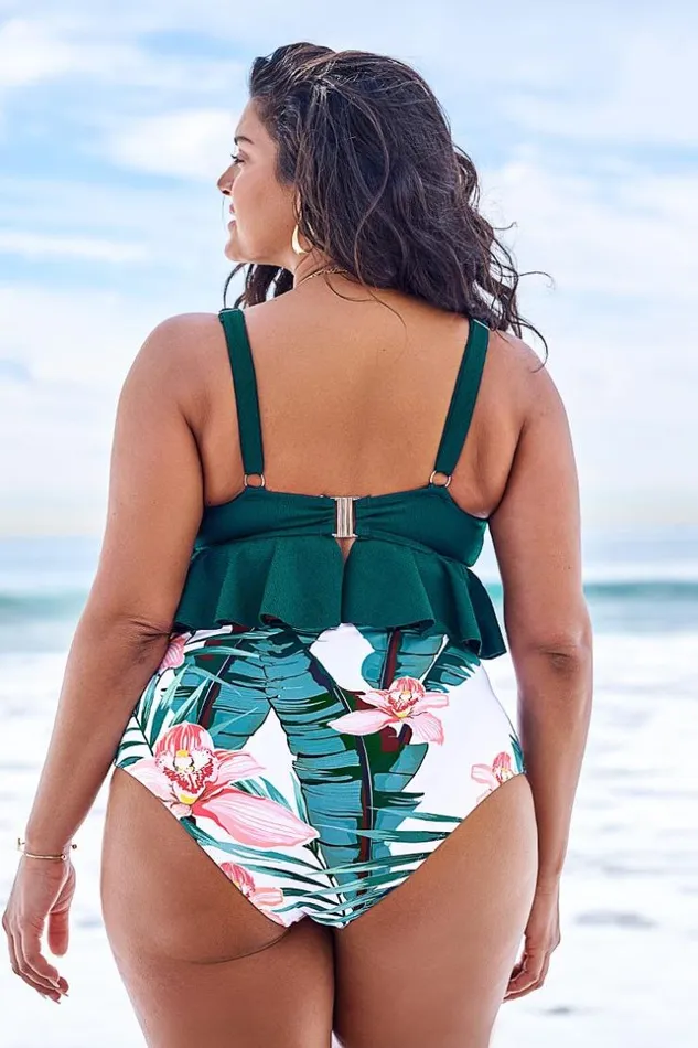 Women Plus Size and Curve Bikinis Cupshe Green And Floral Ruffle Plus Size Bikini Multicolor