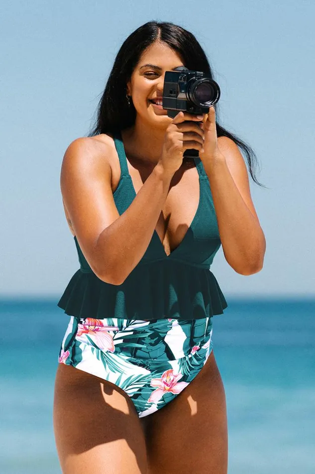 Women Plus Size and Curve Bikinis Cupshe Green And Floral Ruffle Plus Size Bikini Multicolor