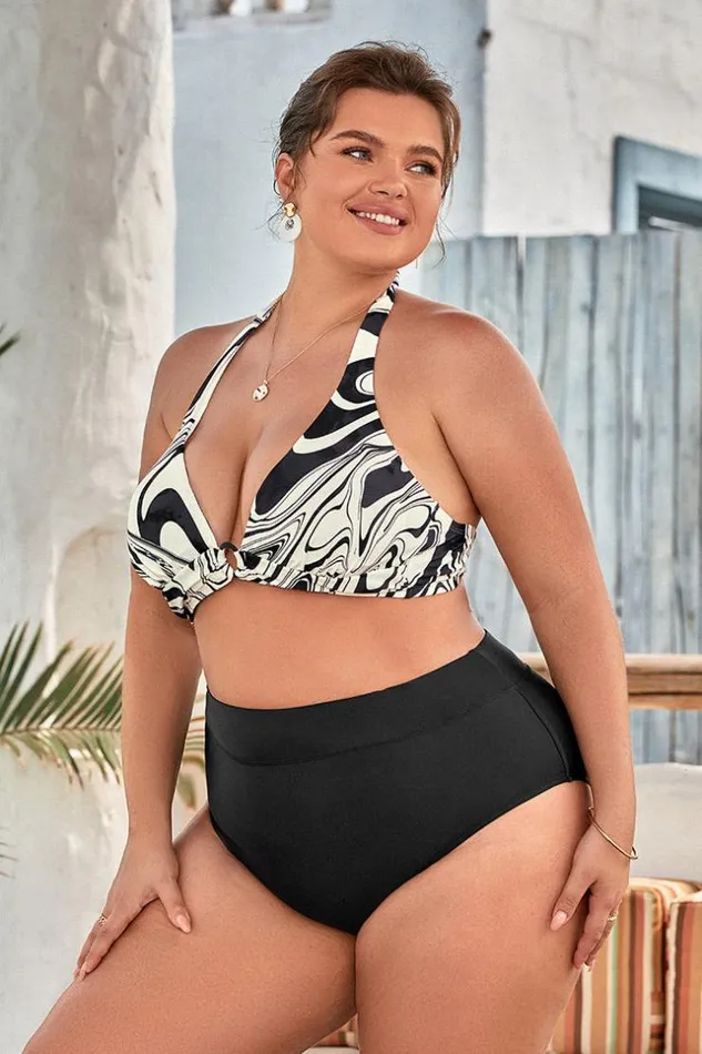 Women Plus Size and Curve Bikinis Cupshe Ink Flow Molded Halter And High Waist Plus Size Bikini Set Blackwhite