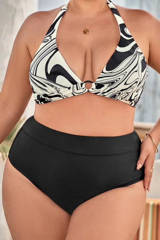 Women Plus Size and Curve Bikinis Cupshe Ink Flow Molded Halter And High Waist Plus Size Bikini Set Blackwhite