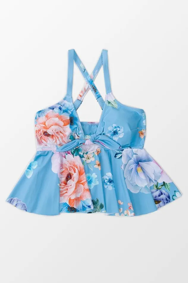 Women Plus Size and Curve Bikinis Cupshe Julie Blue Floral Ruffle Crisscross Plus Size Bikini Top Blue
