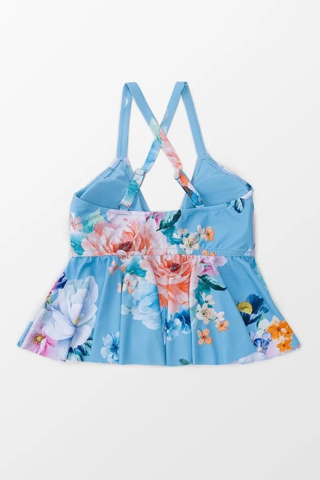 Women Plus Size and Curve Bikinis Cupshe Julie Blue Floral Ruffle Crisscross Plus Size Bikini Top Blue