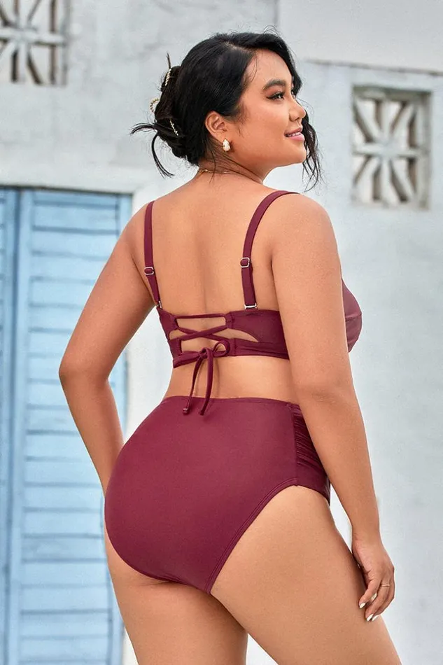 Women Plus Size and Curve Bikinis Cupshe Keep It Cool Molded Bandeau And Hipster Plus Size Bikini Set Red