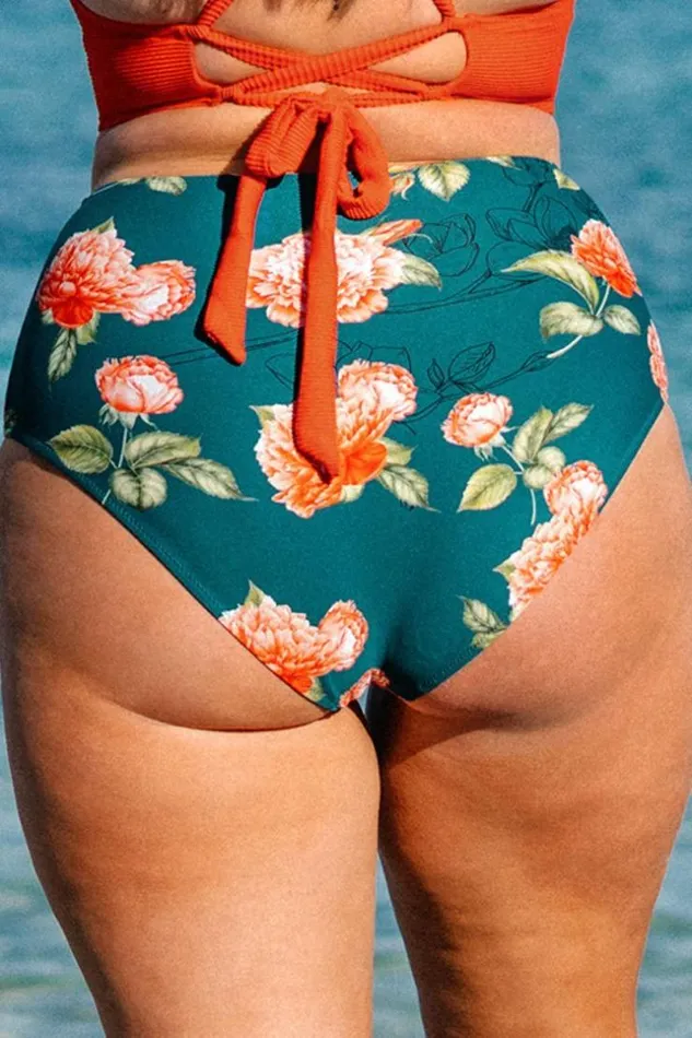 Women Plus Size and Curve Bikinis Cupshe Kora Floral High Waist Plus Size Bikini Bottom Teal