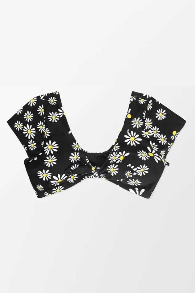 Women Plus Size and Curve Bikinis Cupshe Lucia Ditsy Bunny Tie Short Sleeve Plus Size Bikini Top Black
