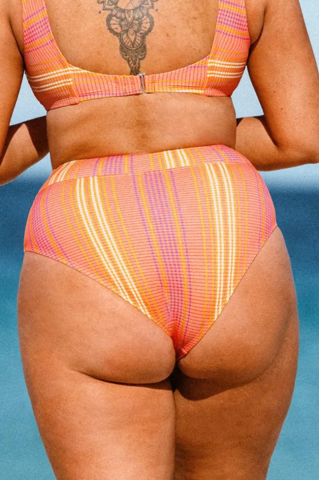 Women Plus Size and Curve Bikinis Cupshe Mercury Stripe Banded High Waist Plus Size Bikini Bottom Multicolor