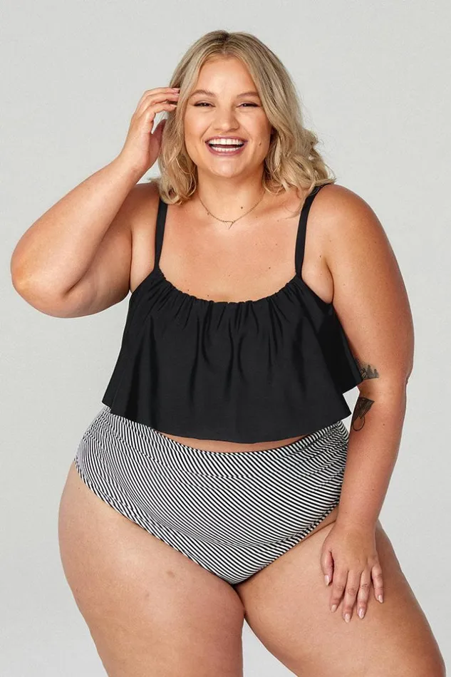 Women Plus Size and Curve Bikinis Cupshe Ruffle Plus Size Bikini With High Waisted Bottom Blackwhite