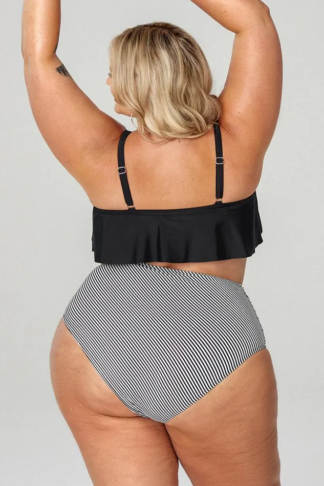 Women Plus Size and Curve Bikinis Cupshe Ruffle Plus Size Bikini With High Waisted Bottom Blackwhite
