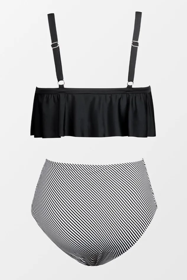Women Plus Size and Curve Bikinis Cupshe Ruffle Plus Size Bikini With High Waisted Bottom Blackwhite