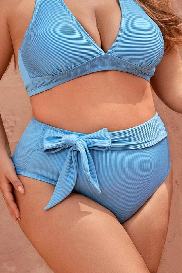 Women Plus Size and Curve Bikinis Cupshe Strawberry Field Front Tie High Waist Plus Size Bikini Bottom Blue