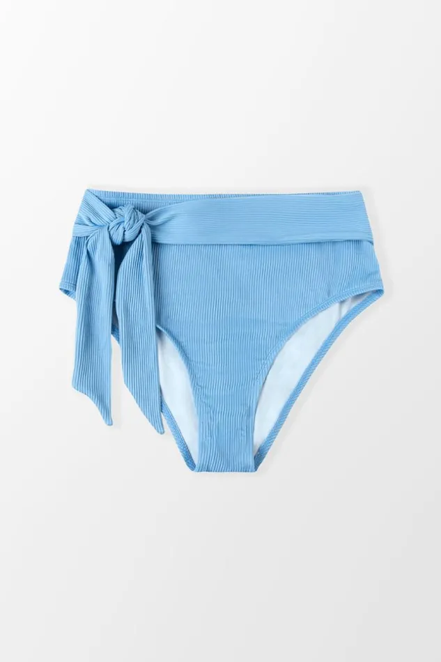 Women Plus Size and Curve Bikinis Cupshe Strawberry Field Front Tie High Waist Plus Size Bikini Bottom Blue