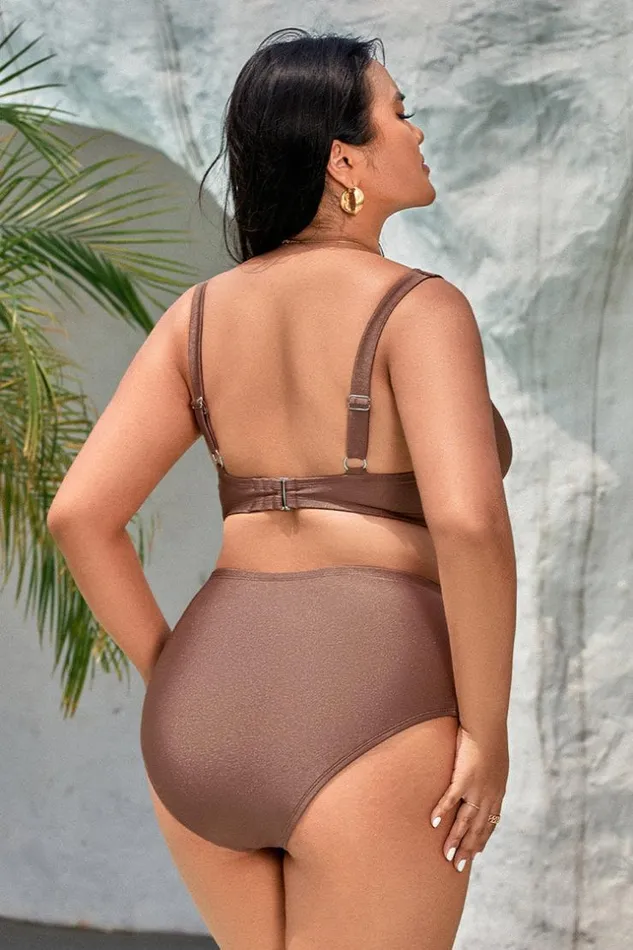 Women Plus Size and Curve Bikinis Cupshe Strawberry Fields Forever Back Hook And High Waist Plus Size Bikini Set Brown