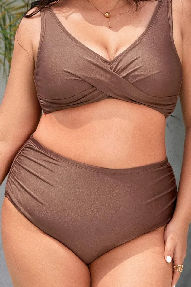 Women Plus Size and Curve Bikinis Cupshe Strawberry Fields Forever Back Hook And High Waist Plus Size Bikini Set Brown