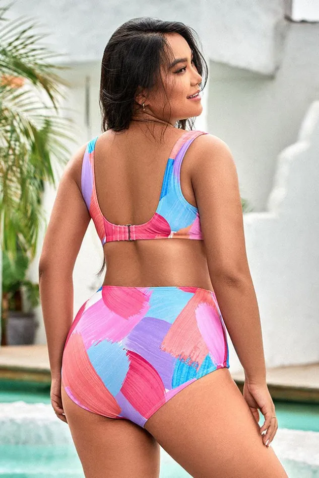 Women Plus Size and Curve Bikinis Cupshe Vapor Wave Bralette Plus Size Bikini Set Multicolor