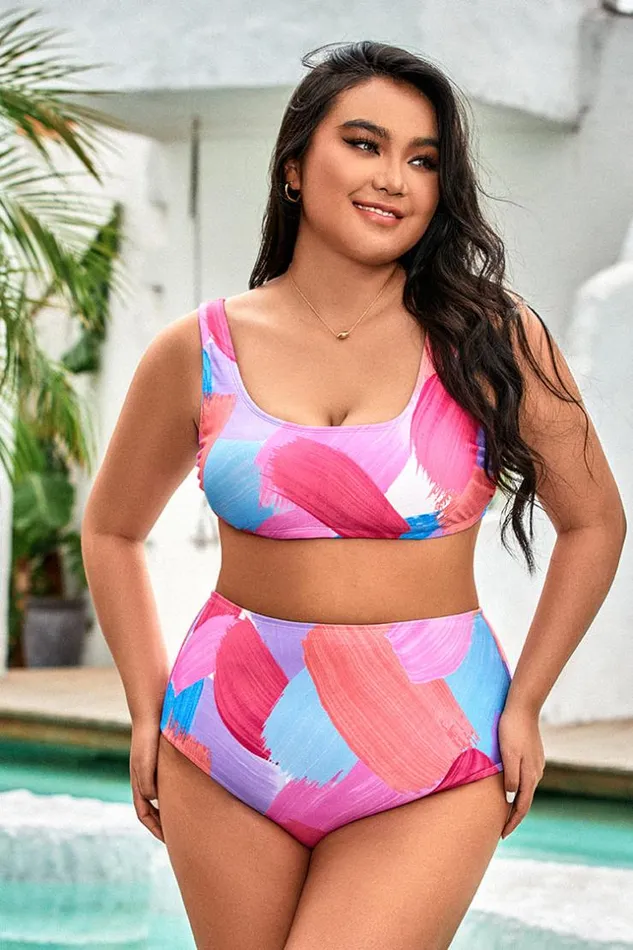 Women Plus Size and Curve Bikinis Cupshe Vapor Wave Bralette Plus Size Bikini Set Multicolor