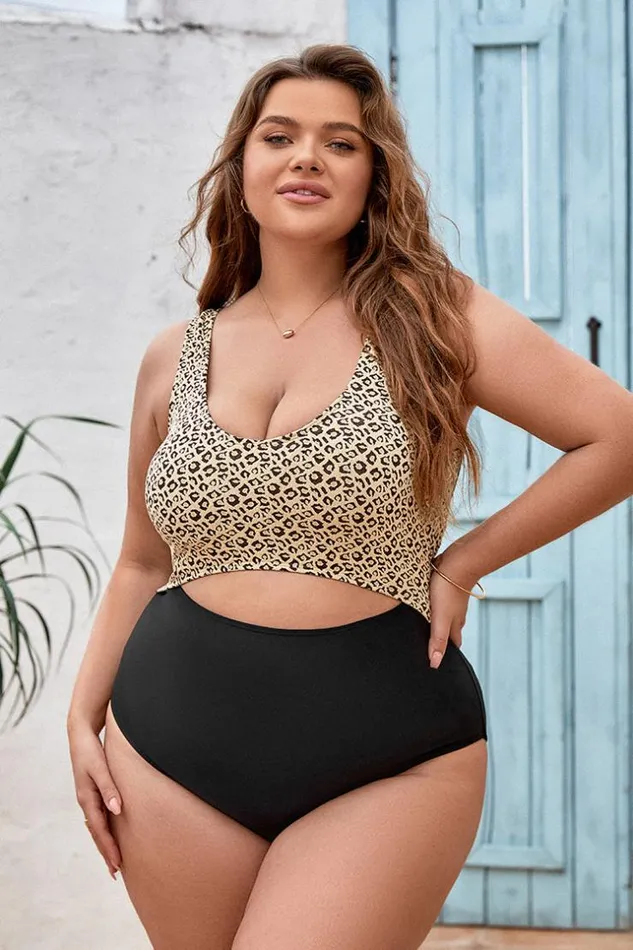 Women Plus Size and Curve Swimsuits Cupshe Keep It Cool Cutout Scoop Neck Plus Size One Piece Swimsuit Multicolor