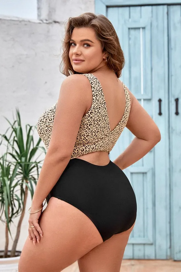 Women Plus Size and Curve Swimsuits Cupshe Keep It Cool Cutout Scoop Neck Plus Size One Piece Swimsuit Multicolor