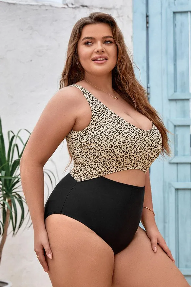 Women Plus Size and Curve Swimsuits Cupshe Keep It Cool Cutout Scoop Neck Plus Size One Piece Swimsuit Multicolor