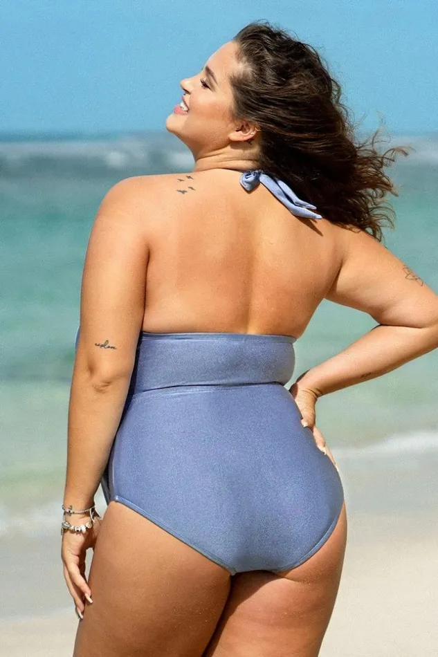 Women Plus Size and Curve Swimsuits Cupshe Lesly Vneck Halter Belt Plus Size One Piece Swimsuit Blue