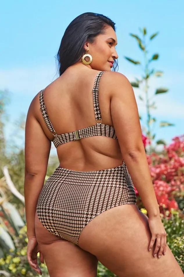 Women Plus Size and Curve Swimsuits Cupshe Rachel Houndstooth Plus Size One Piece Swimsuit Brown