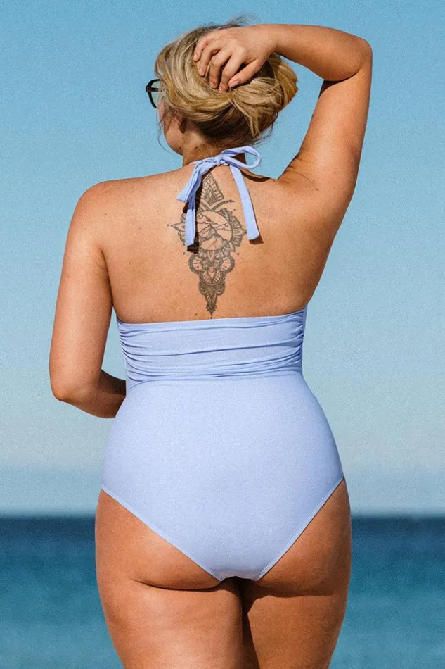 Women Plus Size and Curve Swimsuits Cupshe Santorini Solid High Neck Sash Plus Size One Piece Swimsuit Blue