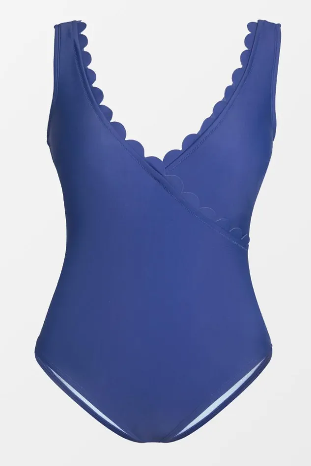 Women Plus Size and Curve Swimsuits Cupshe Santorini Solid Molded Wrap Front Plus Size One Piece Swimsuit Blue