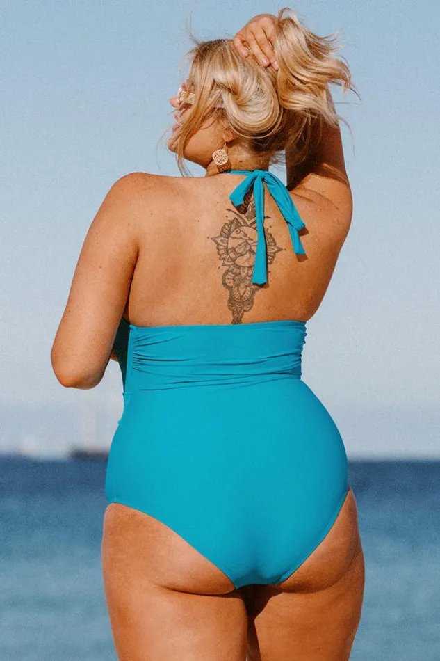 Women Plus Size and Curve Swimsuits Cupshe Spring Macaron Solid High Neck Plus Size One Piece Swimsuit Teal