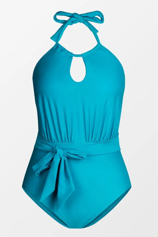 Women Plus Size and Curve Swimsuits Cupshe Spring Macaron Solid High Neck Plus Size One Piece Swimsuit Teal