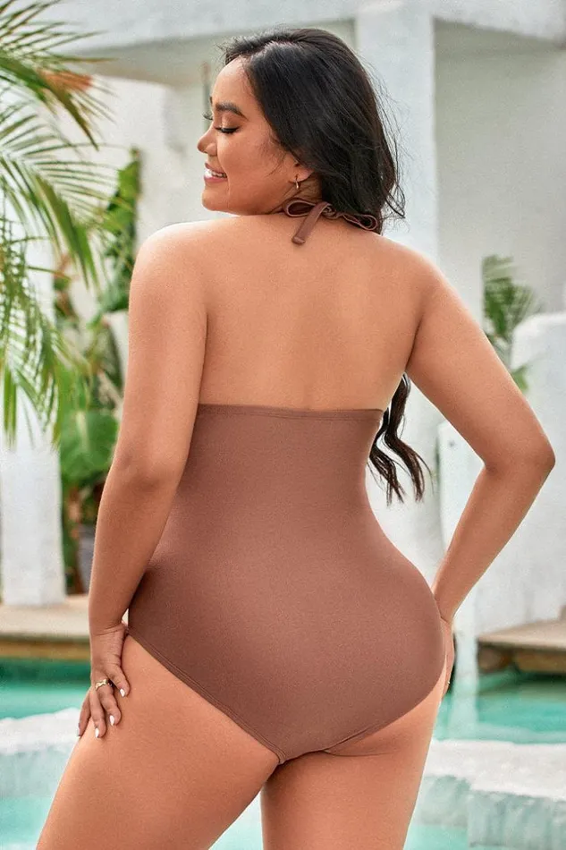 Women Plus Size and Curve Swimsuits Cupshe Strawberry Fields Forever High Neck RuchingPlus Size One Piece Swimsuit Brown