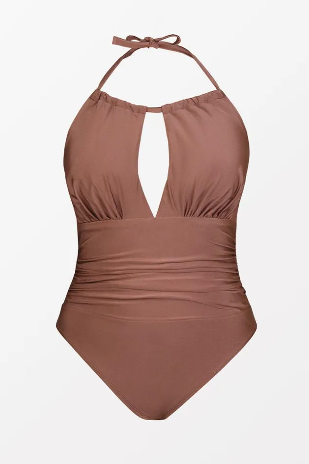 Women Plus Size and Curve Swimsuits Cupshe Strawberry Fields Forever High Neck RuchingPlus Size One Piece Swimsuit Brown