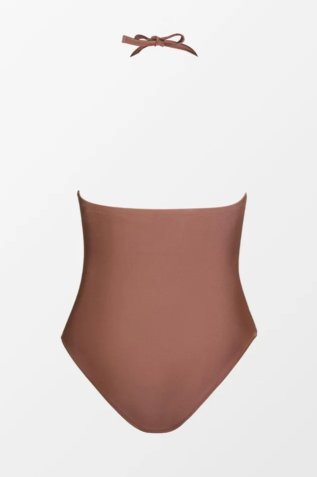 Women Plus Size and Curve Swimsuits Cupshe Strawberry Fields Forever High Neck RuchingPlus Size One Piece Swimsuit Brown