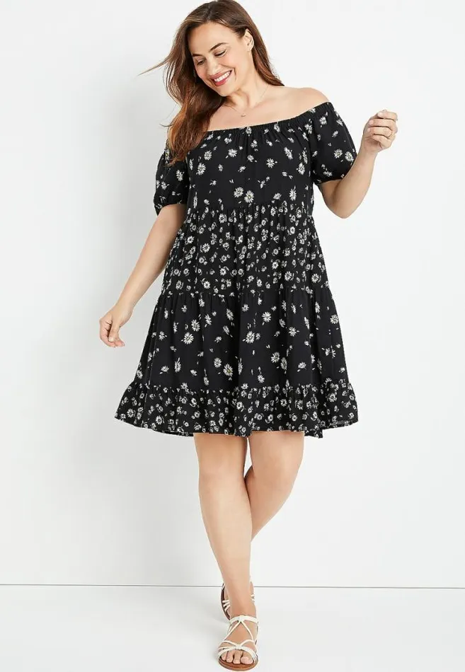 Women Plus Size Black Daisy Off The Shoulder Babydoll Dress Maurices Plus Dresses and Jumpsuits Women Plus Size Black Daisy Off The Shoulder Babydoll Dress Maurices Plus Dresses and Jumpsuits