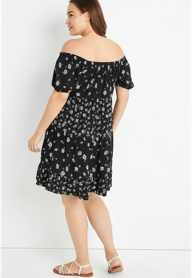 Women Plus Size Black Daisy Off The Shoulder Babydoll Dress Maurices Plus Dresses and Jumpsuits