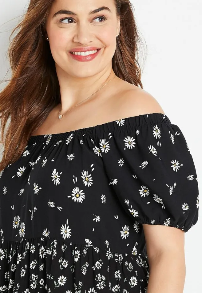 Women Plus Size Black Daisy Off The Shoulder Babydoll Dress Maurices Plus Dresses and Jumpsuits