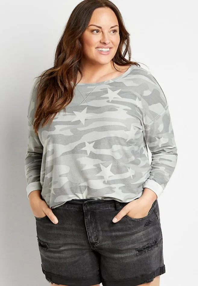 Women Plus Size Camo Star Crew Neck Sweatshirt Maurices Plus Tops