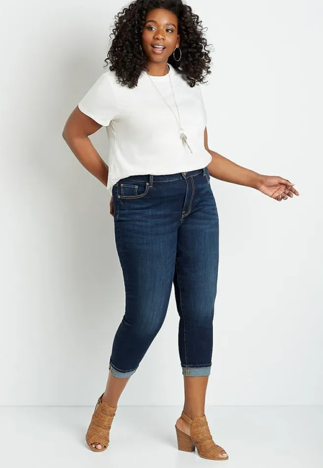 Women Plus Size Denimflex High Rise Dark Wash Cuffed Cropped Jean Maurices Plus Bottoms Women Plus Size Denimflex High Rise Dark Wash Cuffed Cropped Jean Maurices Plus Bottoms