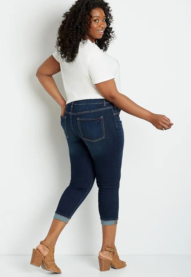 Women Plus Size Denimflex High Rise Dark Wash Cuffed Cropped Jean Maurices Plus Bottoms