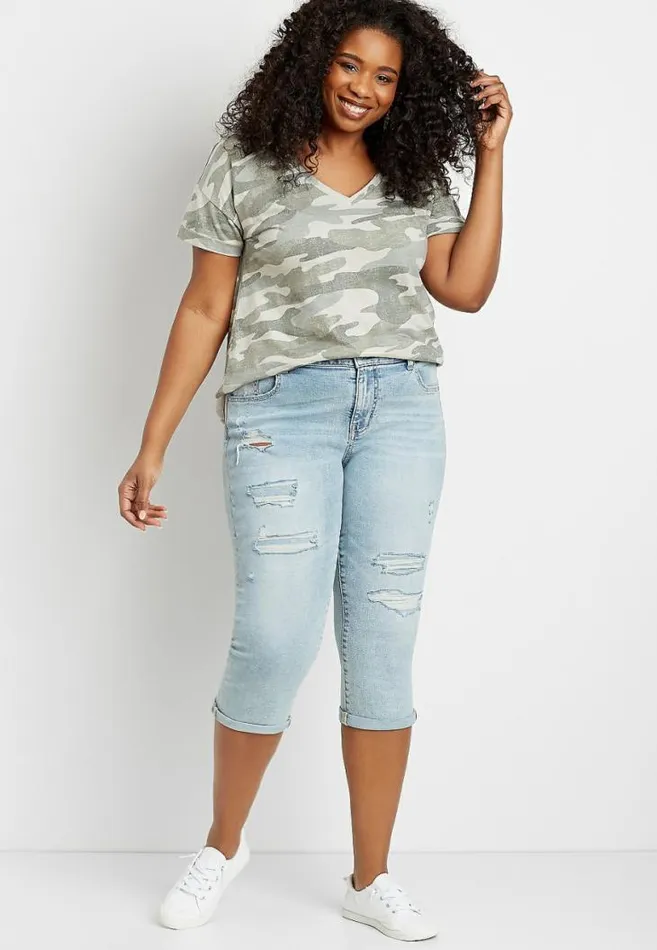Women Plus Size Denimflex Light Ripped Cuffed Capri Maurices Plus Bottoms