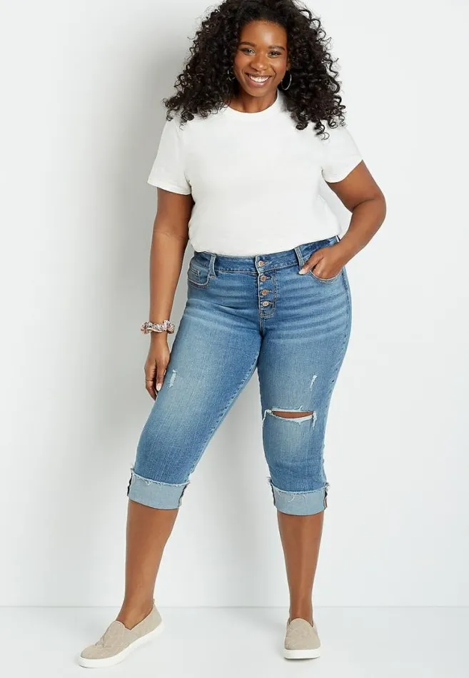 Women Plus Size Denimflex Medium Destructed Button Fly Cuffed Capri Maurices Plus Bottoms Women Plus Size Denimflex Medium Destructed Button Fly Cuffed Capri Maurices Plus Bottoms