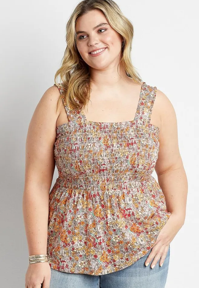 Women Plus Size Floral Smocked Babydoll Tank Top Maurices Plus Tops