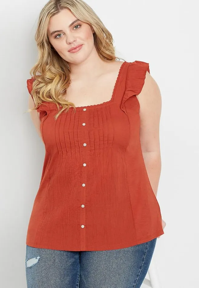 Women Plus Size Flutter Sleeve Button Front Blouse Maurices Plus Tops