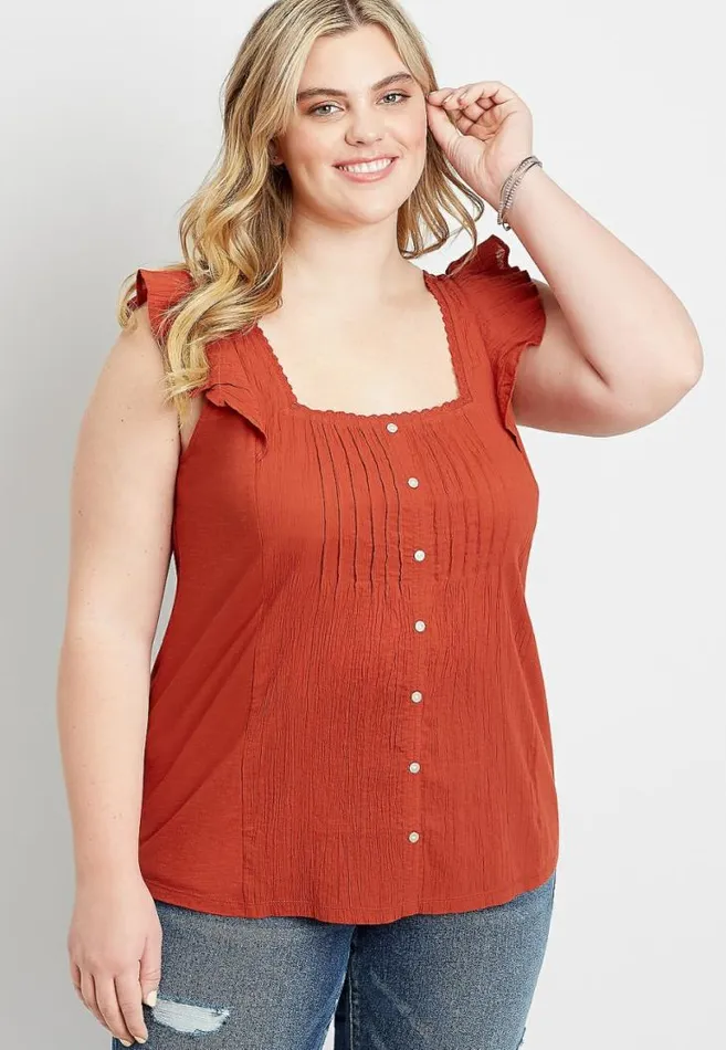 Women Plus Size Flutter Sleeve Button Front Blouse Maurices Plus Tops