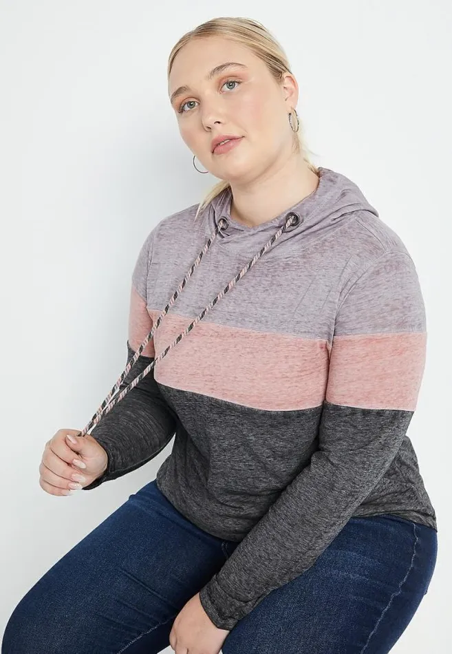 Women Plus Size Gray Colorblock Hoodie Maurices Plus Tops