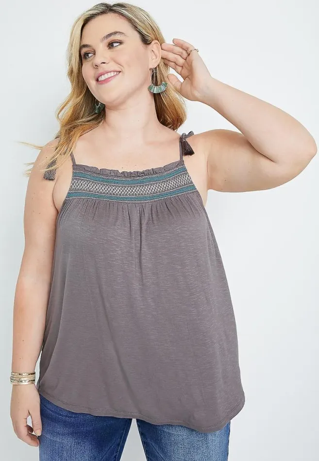 Women Plus Size Gray Embroidered Tie Strap Tank Top Maurices Plus Tops