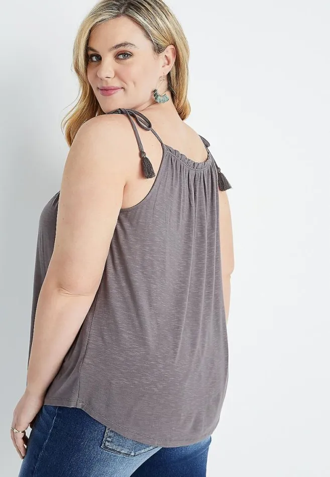 Women Plus Size Gray Embroidered Tie Strap Tank Top Maurices Plus Tops